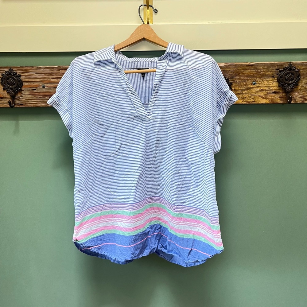 Talbots Plus Womens 1X Blue White Striped Cotton V-Neck Short Sleeve Blouse‎ Top